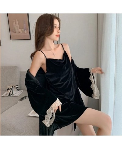 Womens Velvet Pajamas Sexy Nightdress Robe Set Sleepwear Pijama Pajamas Suit Female Sleep 2 Piece Set Women'S Home Nightwear ...