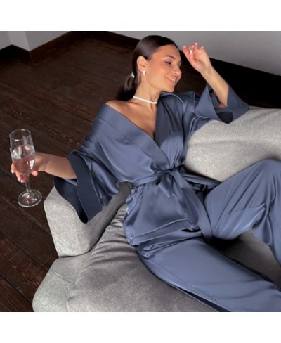 Solid Color Silk Sleepwear Loose Flare Home Pants Three Quarter Sleeve Satin Robe Set Bathrobe For Women Pajama XXL Large Siz...