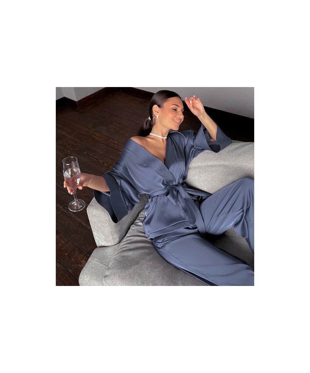 Solid Color Silk Sleepwear Loose Flare Home Pants Three Quarter Sleeve Satin Robe Set Bathrobe For Women Pajama XXL Large Siz...