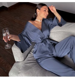 Solid Color Silk Sleepwear Loose Flare Home Pants Three Quarter Sleeve Satin Robe Set Bathrobe For Women Pajama XXL Large Siz...