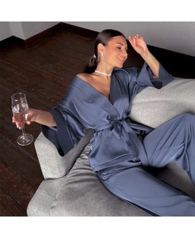 Solid Color Silk Sleepwear Loose Flare Home Pants Three Quarter Sleeve Satin Robe Set Bathrobe For Women Pajama XXL Large Siz...