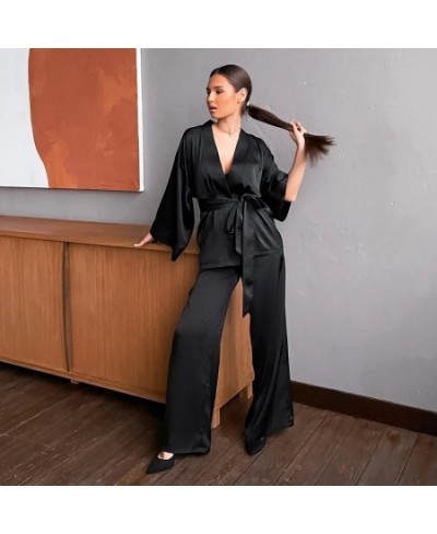 Solid Color Silk Sleepwear Loose Flare Home Pants Three Quarter Sleeve Satin Robe Set Bathrobe For Women Pajama XXL Large Siz...