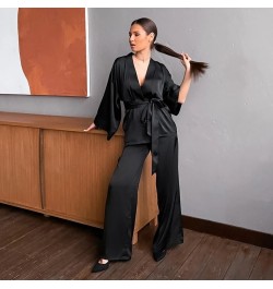 Solid Color Silk Sleepwear Loose Flare Home Pants Three Quarter Sleeve Satin Robe Set Bathrobe For Women Pajama XXL Large Siz...