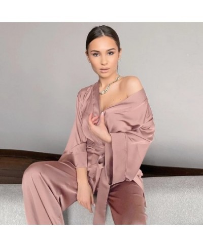 Solid Color Silk Sleepwear Loose Flare Home Pants Three Quarter Sleeve Satin Robe Set Bathrobe For Women Pajama XXL Large Siz...