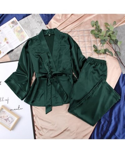 Solid Color Silk Sleepwear Loose Flare Home Pants Three Quarter Sleeve Satin Robe Set Bathrobe For Women Pajama XXL Large Siz...