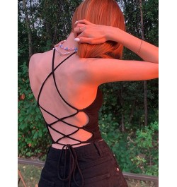 Backless Silm Soild Sexy Crop Top For Women Clothes Streetwear Lace-up Tank Black Camis O-Neck Sleeveless Patchwork Halter $2...