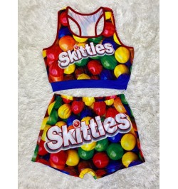 Female Sportswear Two Piece Suit Summer 2023 Beach Fitness Clothing Crop Top Vest + High Waist Shorts Skittles Women Shorts $...