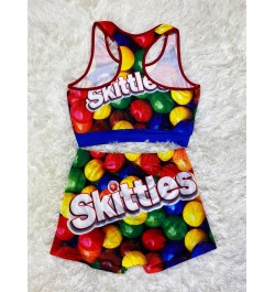 Female Sportswear Two Piece Suit Summer 2023 Beach Fitness Clothing Crop Top Vest + High Waist Shorts Skittles Women Shorts $...