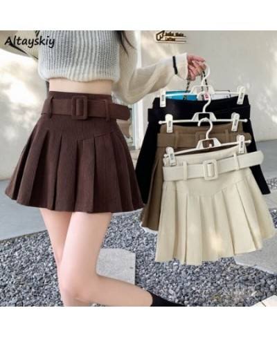 4 Colors Corduroy Mini Skirts Women with Sashes Sexy Cute Solid Harajuku Autumn High Waist Faldas Pleated Preppy Korean Style...