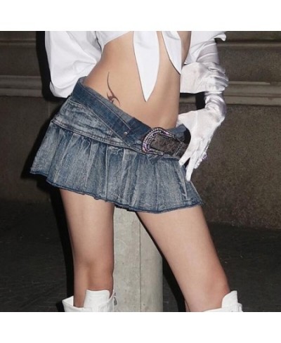 Vintage Fashion Y2K Hot Low Waist Denim Skirt Super Short Streetwear Burr Distressed Summer Mini Pleated Skirt Women $40.32 -...