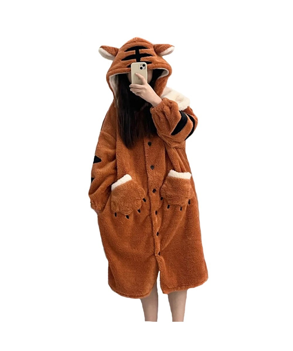 Women Robes Winter Warm Coral Fleece Tiger Warm Nightgown Animal Cosplay Hooded Sleepwear Cute Cartoon Pyjama Homewear Bathro...