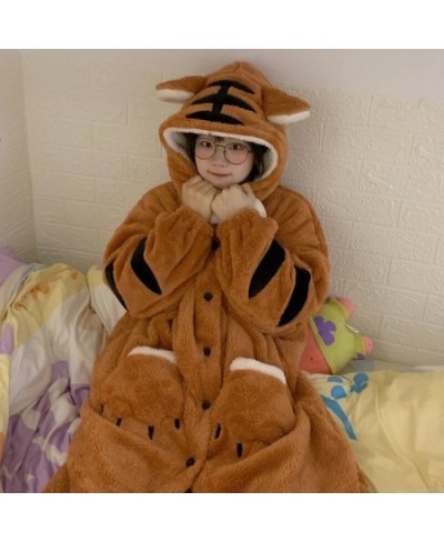 Women Robes Winter Warm Coral Fleece Tiger Warm Nightgown Animal Cosplay Hooded Sleepwear Cute Cartoon Pyjama Homewear Bathro...