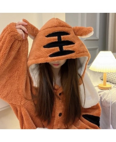 Women Robes Winter Warm Coral Fleece Tiger Warm Nightgown Animal Cosplay Hooded Sleepwear Cute Cartoon Pyjama Homewear Bathro...