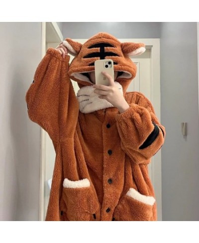 Women Robes Winter Warm Coral Fleece Tiger Warm Nightgown Animal Cosplay Hooded Sleepwear Cute Cartoon Pyjama Homewear Bathro...