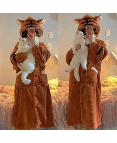 Women Robes Winter Warm Coral Fleece Tiger Warm Nightgown Animal Cosplay Hooded Sleepwear Cute Cartoon Pyjama Homewear Bathro...