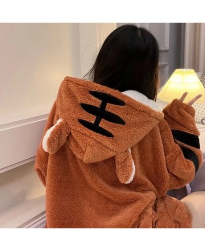 Women Robes Winter Warm Coral Fleece Tiger Warm Nightgown Animal Cosplay Hooded Sleepwear Cute Cartoon Pyjama Homewear Bathro...