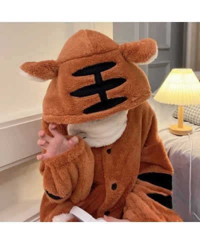 Women Robes Winter Warm Coral Fleece Tiger Warm Nightgown Animal Cosplay Hooded Sleepwear Cute Cartoon Pyjama Homewear Bathro...