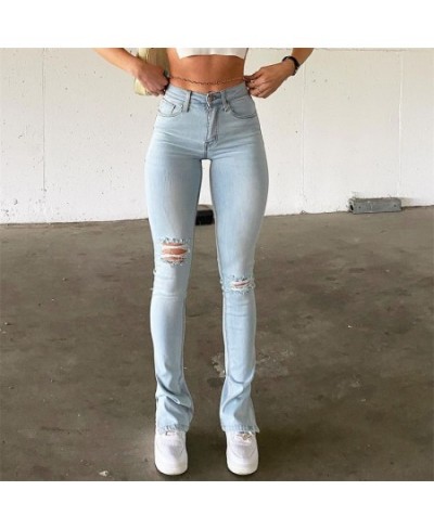 Ins 2023 Women High Waist Ripped Jeans Lady Y2K Light Blue Pencil Denim Pants Slim Fit Streetwear Casual Split Long Trousers ...