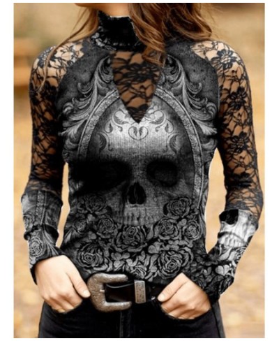 2022 Autumn Women's Tops Skull Print Openwork Sexy Lace High Collar Long Sleeve T-Shirt Ladies Fashion Casual Loose T Shirts ...