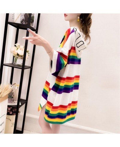 Woman Tshirts Hooded Rainbow Striped T-shirt Women's Summer Loose Large Size Short-Sleeved Shirt Top Tops Mujer Camisetas $28...