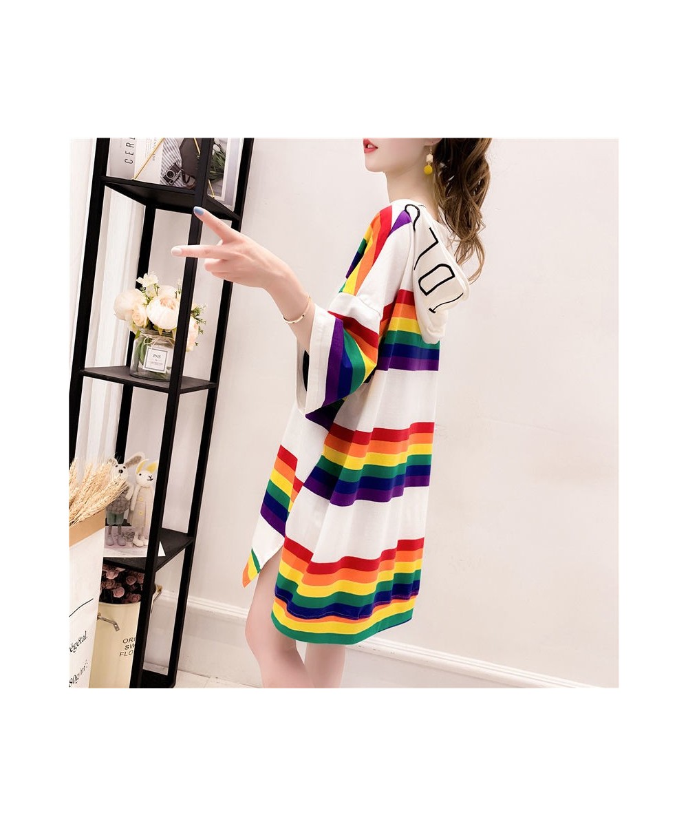 Woman Tshirts Hooded Rainbow Striped T-shirt Women's Summer Loose Large Size Short-Sleeved Shirt Top Tops Mujer Camisetas $28...