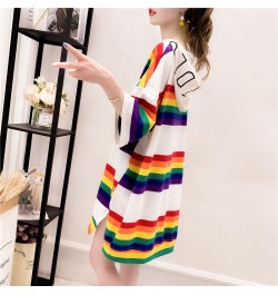 Woman Tshirts Hooded Rainbow Striped T-shirt Women's Summer Loose Large Size Short-Sleeved Shirt Top Tops Mujer Camisetas $28...