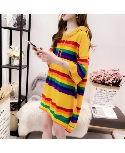 Woman Tshirts Hooded Rainbow Striped T-shirt Women's Summer Loose Large Size Short-Sleeved Shirt Top Tops Mujer Camisetas $28...