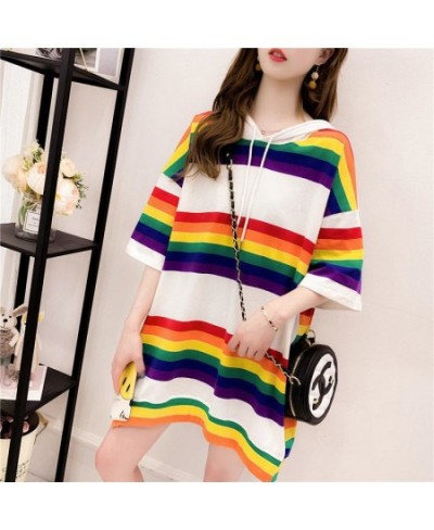 Woman Tshirts Hooded Rainbow Striped T-shirt Women's Summer Loose Large Size Short-Sleeved Shirt Top Tops Mujer Camisetas $28...