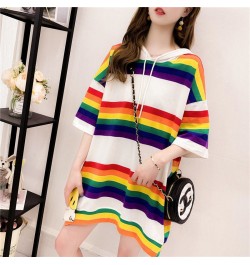 Woman Tshirts Hooded Rainbow Striped T-shirt Women's Summer Loose Large Size Short-Sleeved Shirt Top Tops Mujer Camisetas $28...