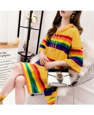 Woman Tshirts Hooded Rainbow Striped T-shirt Women's Summer Loose Large Size Short-Sleeved Shirt Top Tops Mujer Camisetas $28...