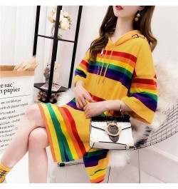 Woman Tshirts Hooded Rainbow Striped T-shirt Women's Summer Loose Large Size Short-Sleeved Shirt Top Tops Mujer Camisetas $28...