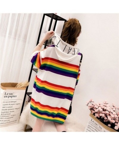 Woman Tshirts Hooded Rainbow Striped T-shirt Women's Summer Loose Large Size Short-Sleeved Shirt Top Tops Mujer Camisetas $28...