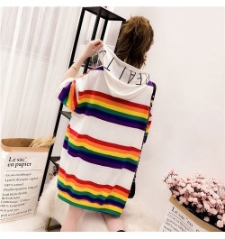 Woman Tshirts Hooded Rainbow Striped T-shirt Women's Summer Loose Large Size Short-Sleeved Shirt Top Tops Mujer Camisetas $28...