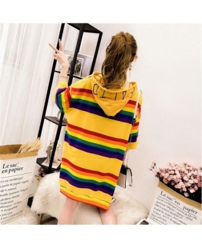 Woman Tshirts Hooded Rainbow Striped T-shirt Women's Summer Loose Large Size Short-Sleeved Shirt Top Tops Mujer Camisetas $28...