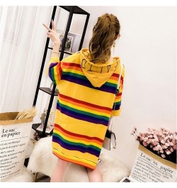 Woman Tshirts Hooded Rainbow Striped T-shirt Women's Summer Loose Large Size Short-Sleeved Shirt Top Tops Mujer Camisetas $28...