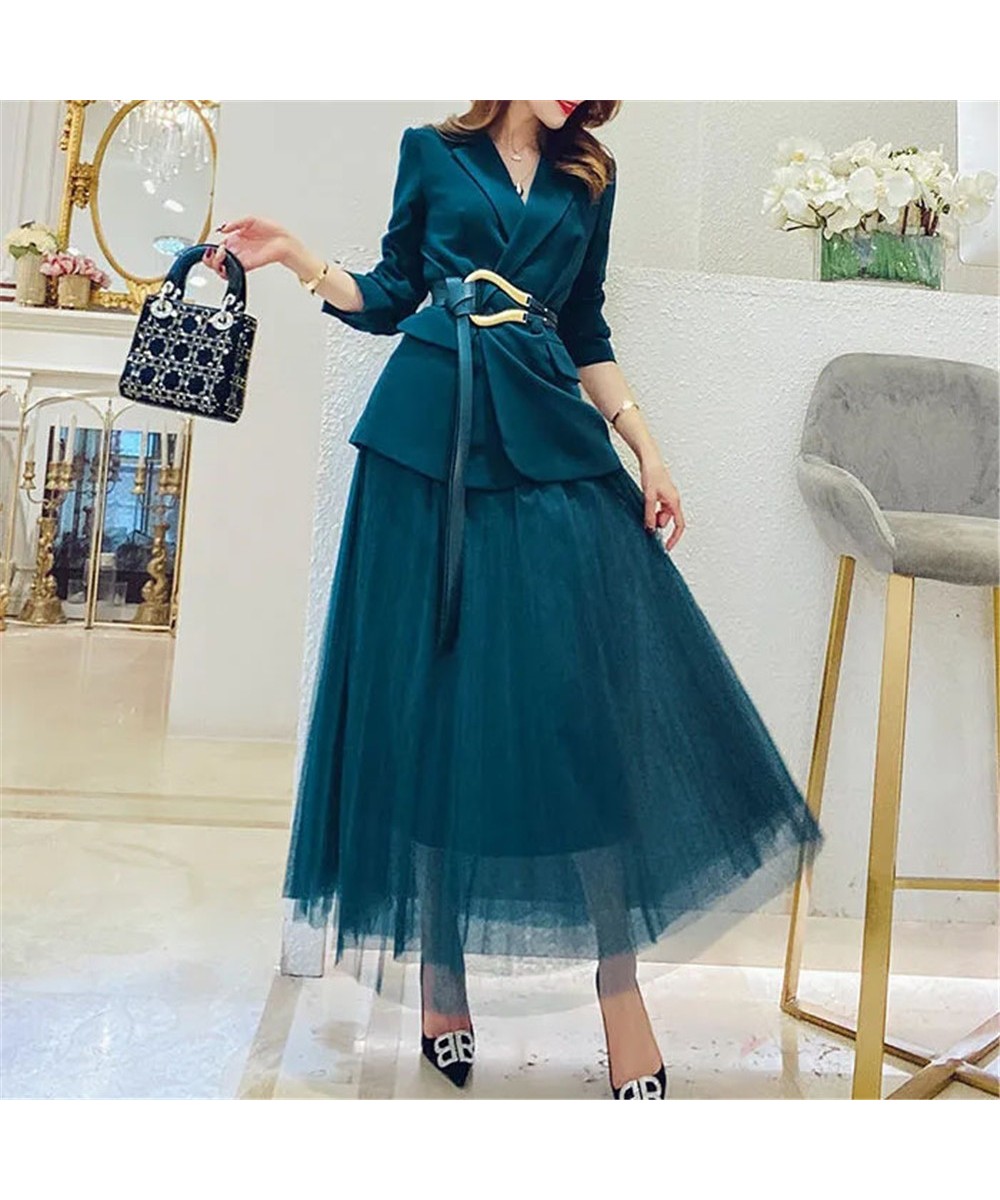 Solid Blazer With Belt + Midi Pleated Skirt Women 2 Piece Set Office Vintage Office Lady Long Sleeve Suit Jacket Chic Skirt $...