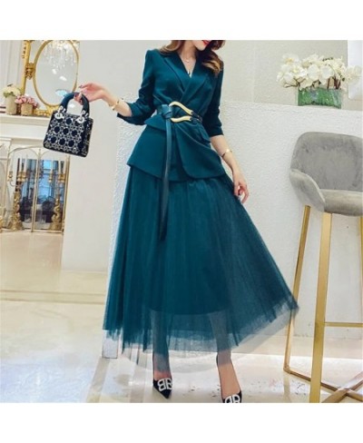 Solid Blazer With Belt + Midi Pleated Skirt Women 2 Piece Set Office Vintage Office Lady Long Sleeve Suit Jacket Chic Skirt $...