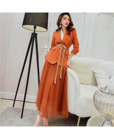 Solid Blazer With Belt + Midi Pleated Skirt Women 2 Piece Set Office Vintage Office Lady Long Sleeve Suit Jacket Chic Skirt $...