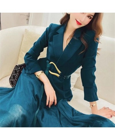 Solid Blazer With Belt + Midi Pleated Skirt Women 2 Piece Set Office Vintage Office Lady Long Sleeve Suit Jacket Chic Skirt $...