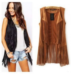 Chic Fringed Suede Vest Sleeveless Cardigan Tassels coat Velvet Turn Down Collar long Open Stitch Tank Tops Casual Streetwear...