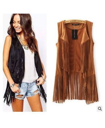 Chic Fringed Suede Vest Sleeveless Cardigan Tassels coat Velvet Turn Down Collar long Open Stitch Tank Tops Casual Streetwear...