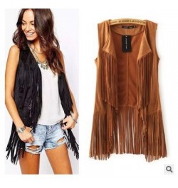 Chic Fringed Suede Vest Sleeveless Cardigan Tassels coat Velvet Turn Down Collar long Open Stitch Tank Tops Casual Streetwear...