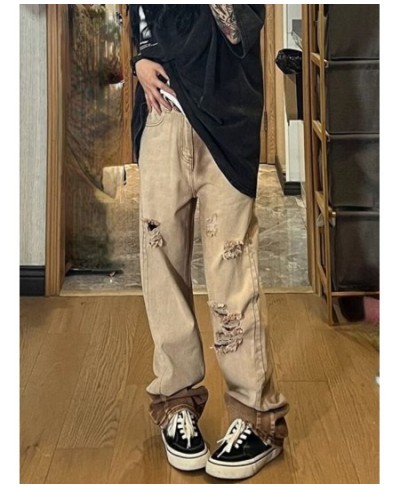 Vintage Women Men Ripped Jeans Washed Pockets Wide Leg Pants Harajuku Casual High Waist Baggy Denim Trouser Y2k Streetwear $4...