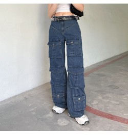 Retro Solid Color Multi-Pocket Jeans Women Y2K Street Fashion Loose Straight Wide-Leg Pants Unisex Casual High Waist Jeans $4...