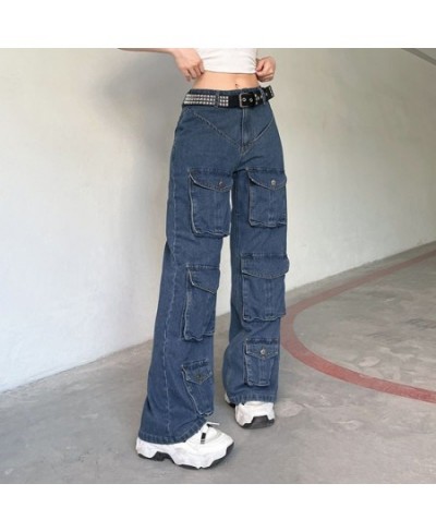 Retro Solid Color Multi-Pocket Jeans Women Y2K Street Fashion Loose Straight Wide-Leg Pants Unisex Casual High Waist Jeans $4...