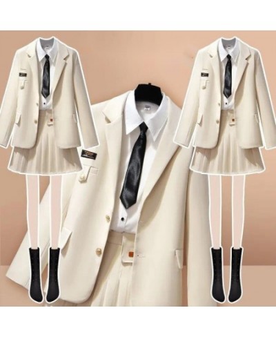 Blazer And Skirts Women Preppy Style Notched Collar Blazer Pleated Solid Color Skirts Female Long Sleeve Shirt Slim Fitting S...