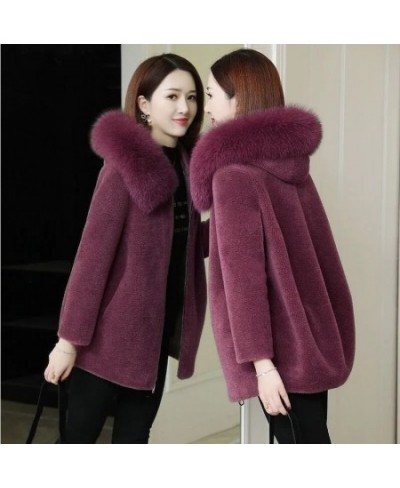 Fashion Thicken Fur Collar Hooded Ladies Blouse 2022 New Winter Imitate Sheep Lamb Fur Loose Piecesgrain Velvet Women's Coat ...