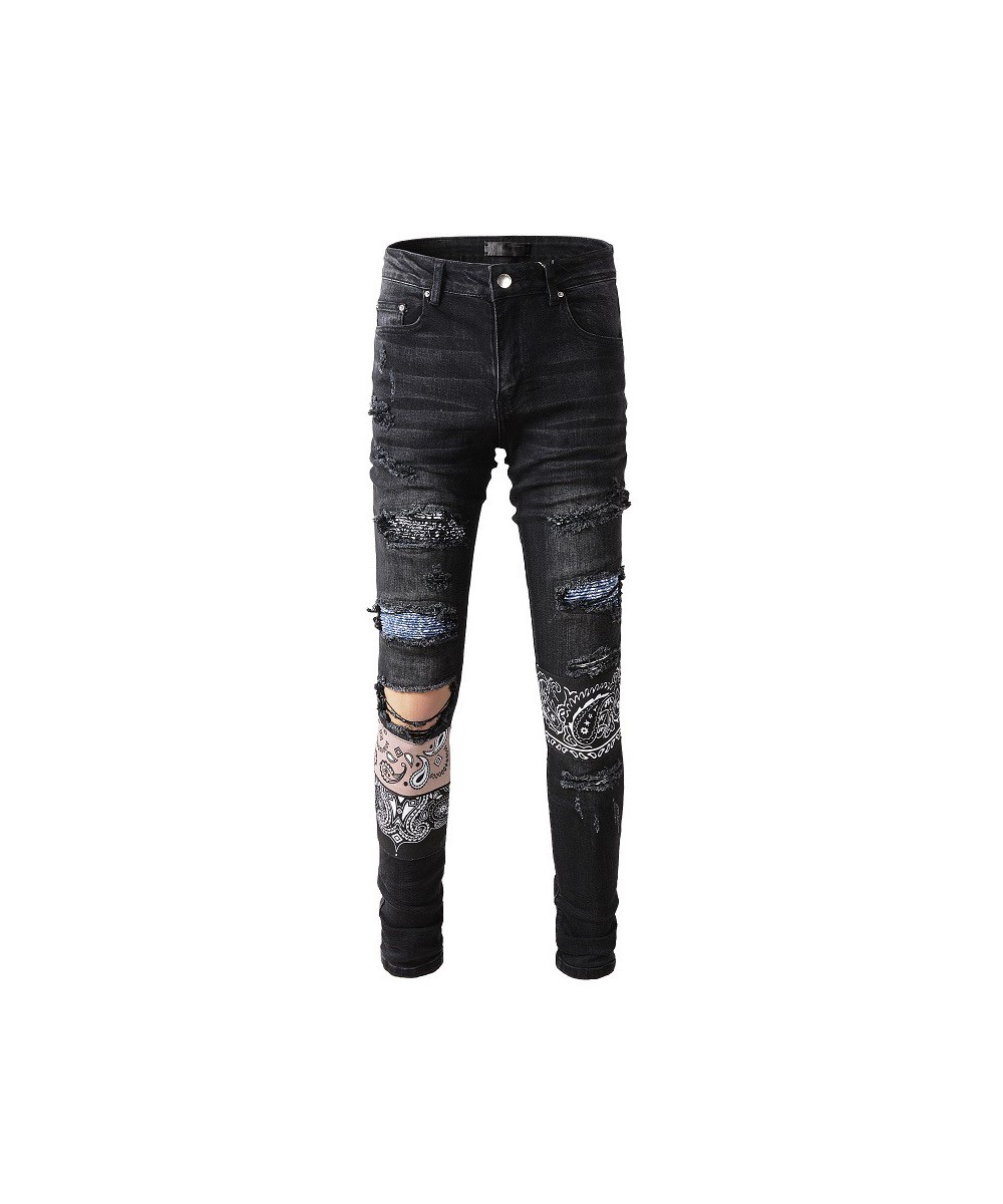 Men's Slim Fit Streetwear Fashion Style Distressed Skinny Stretch Destroyed Holes Tie Dye Bandana Patchwork Slim Fit Jeans $1...