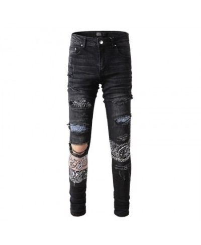 Men's Slim Fit Streetwear Fashion Style Distressed Skinny Stretch Destroyed Holes Tie Dye Bandana Patchwork Slim Fit Jeans $1...