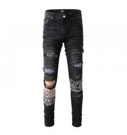 Men's Slim Fit Streetwear Fashion Style Distressed Skinny Stretch Destroyed Holes Tie Dye Bandana Patchwork Slim Fit Jeans $1...